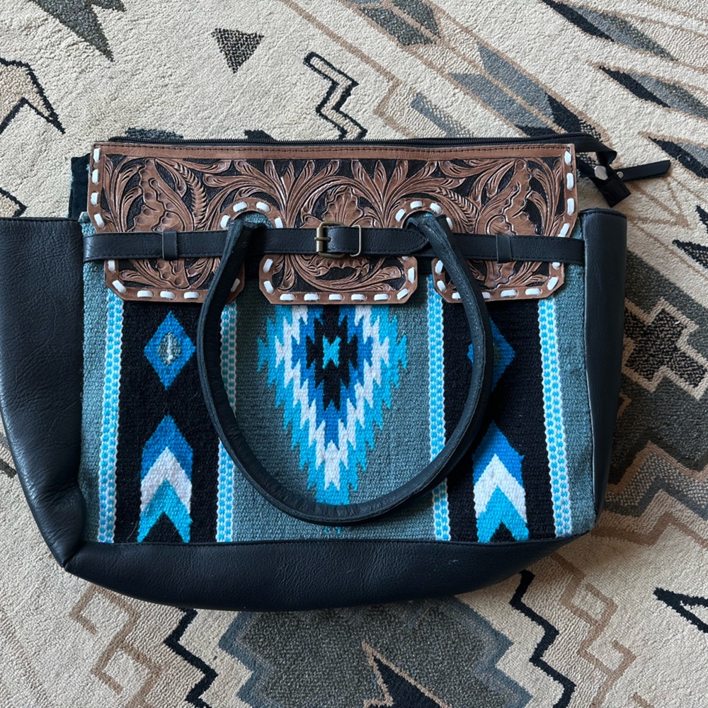 Saddle blanket leather tooled tote